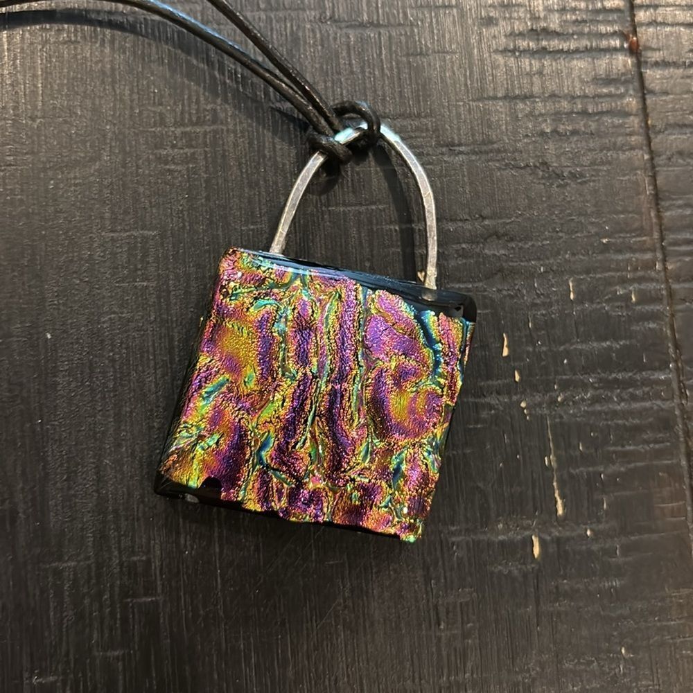 Dichroic Art Glass Foiled Cosmic Stardust Pendant Necklace Leather Colorful